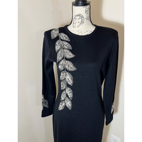 Vintage Outlander Black Sweater Dress Silver Sequin Long Sleeve Sheath Petite S - Picture 2 of 10